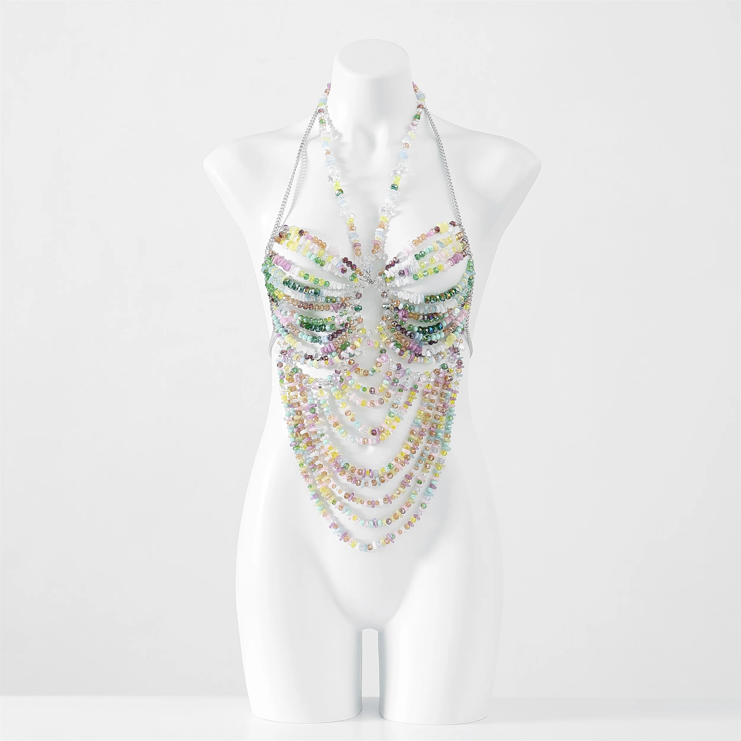 

New Colored Gemstone Bead Top Sexy Hot Girl Hollow Neck Hanging Body Chain Music Festival Party Chest Decoration Hawaii Vacation