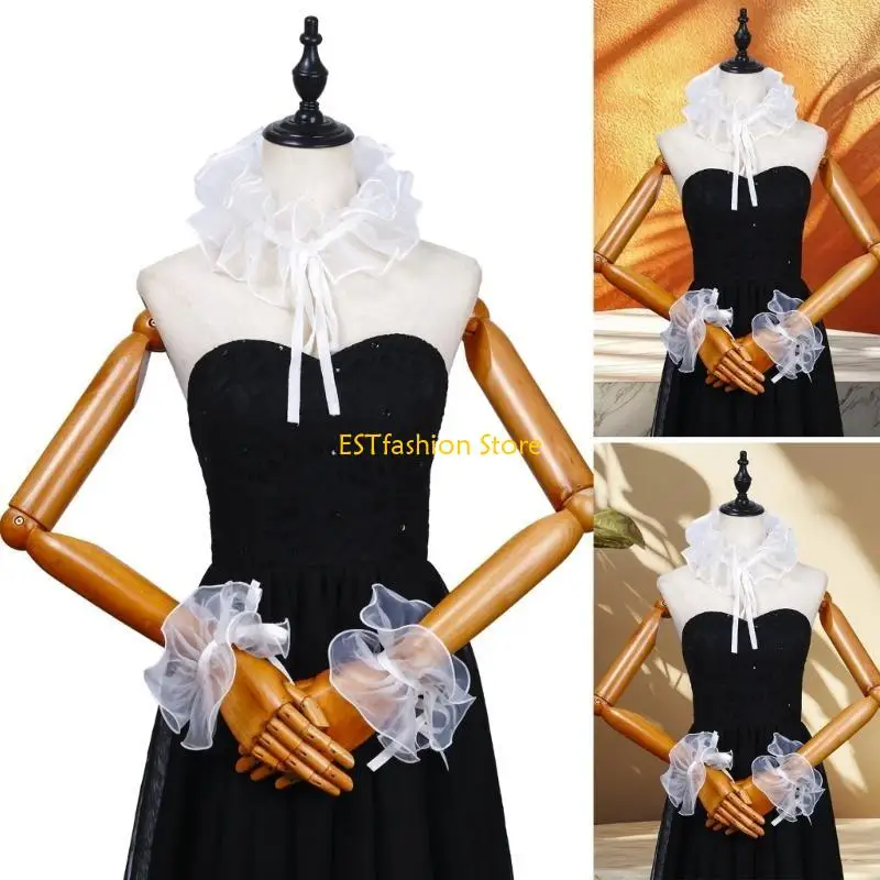 Y5GC Elizabethan White Neck Ruff False Collar and Ruffled Faux Sleeve Cuffs for Cosplay Event and Historical Reenactments