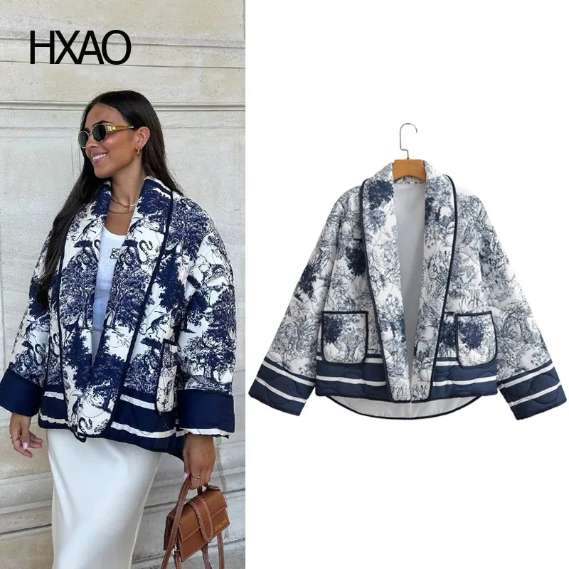 

HXAO Women's Padded Jacket Printed Down Coats Fashion Loose Outerwear Quilted Jacket Vintage Patchwork Short Padding Jackets