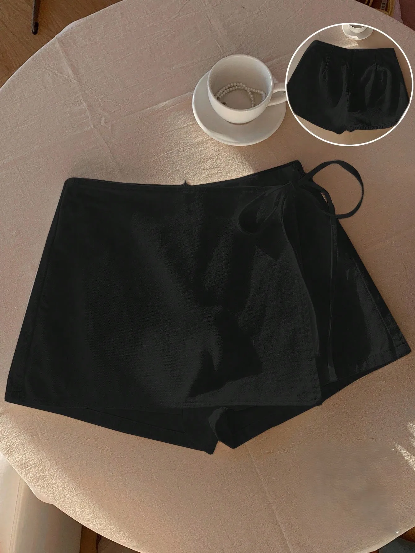 Ladies New Spring Summer Linen Solid Color Casual Sports Elastic Waist Drawstring Belted Skort for Spring Summer