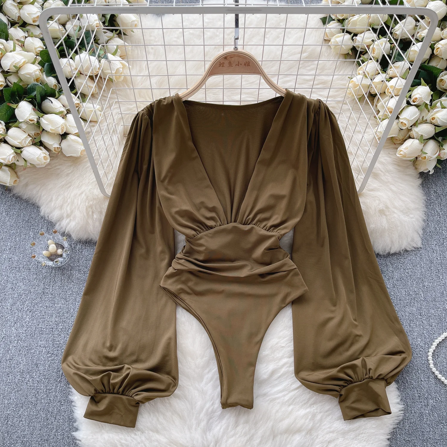 Elegant Deep V Neck Women's Bodysuits Solid Color Spring Summer Long Lantern Sleeve High Waist Slim Club Party Body Tops