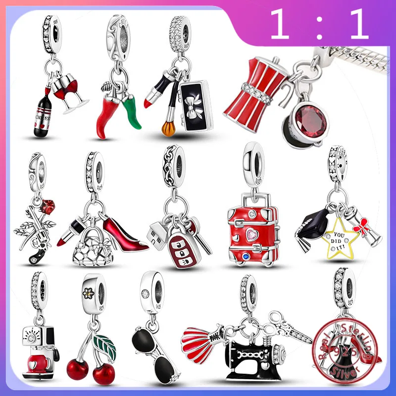 Cuentas Rojas Chapadas en Plata (Para Mujer) – Nuevas, Colgante de Cereza de Café, Compatible Pulsera Original