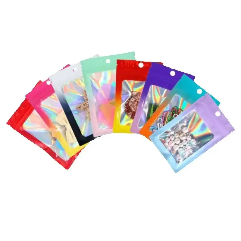 300PCS Gradually Changing Aluminum Foil Ziplock Window Bag DIY Logo Laser Matcha Hardware Holographic Jewelry Packaging Pouches