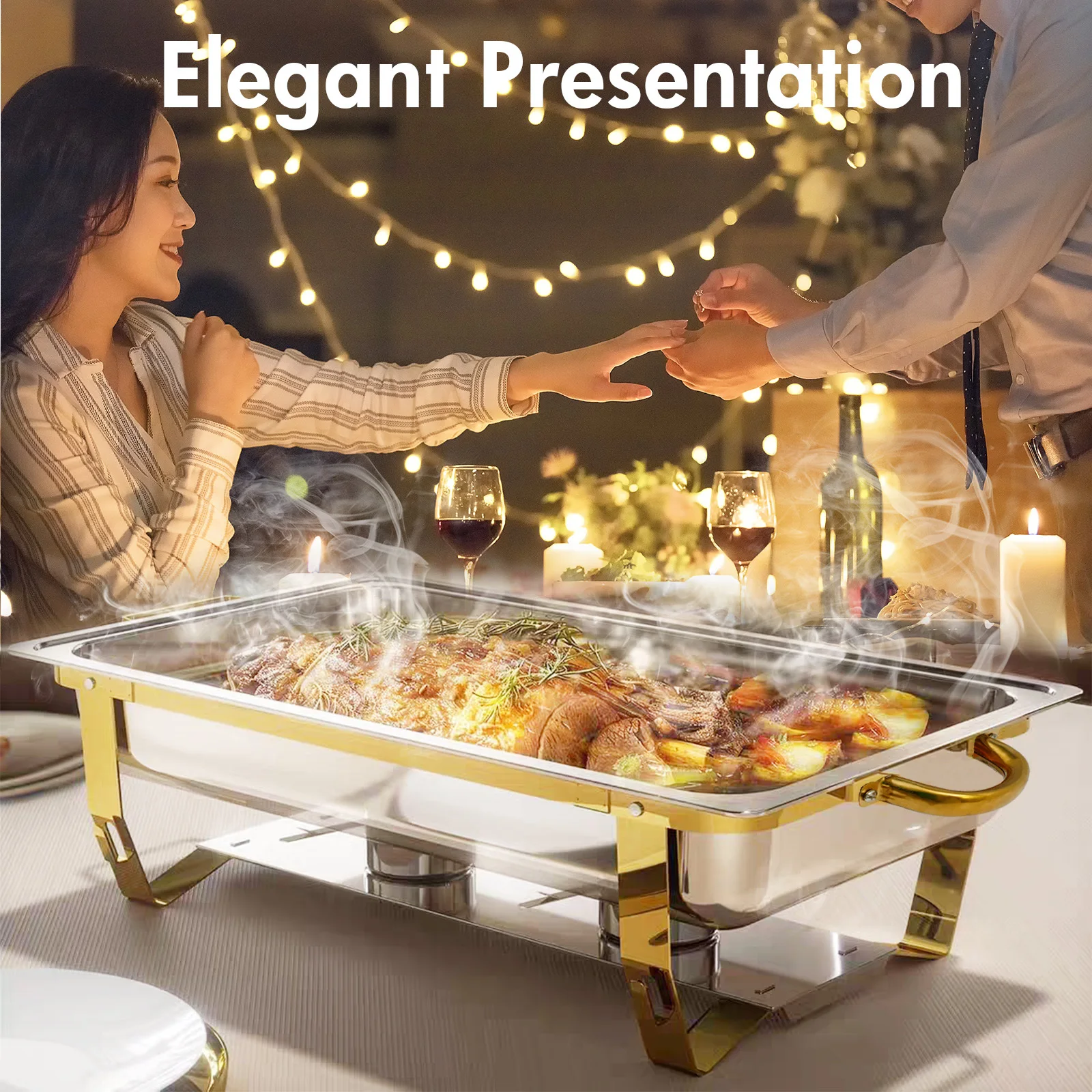 6pcs 9QT Golden Stainless Steel Chafing Dishes for Buffet,Buffet Warmers Sets for Parties Weddings Catering Buffet