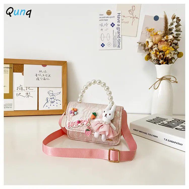 Qunq 2022 Autumn New Children's Bag Pearl Bow Hand Princess Accessory Girls Lovely Cartoon Bunny One Shoulder Crossbody Bag