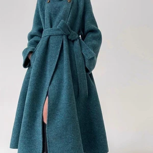 Hochkragen blau Wollmantel, langer Mantel mit Gürtel, Reihen weibliche glamouröse, luxuriöse, elegante, modische Streetwear 8 Hauptverkäufe Frauen hellblauer Mantel - №2