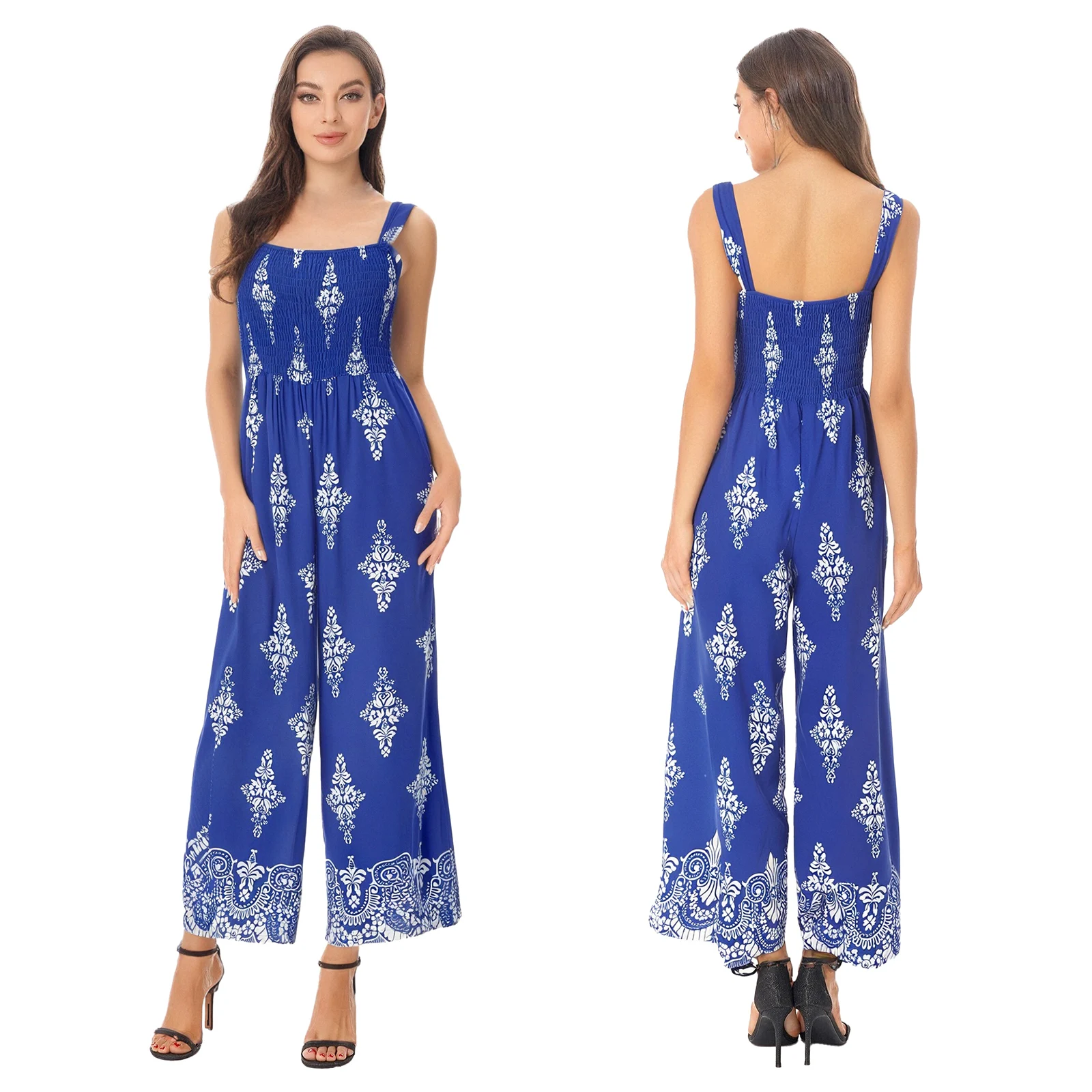 

Casual Women Boho Style Print Sling Rompers Jumpsuit Elastic Bodice Wide Leg Pants with Pockets High Waist for Holiday Travel