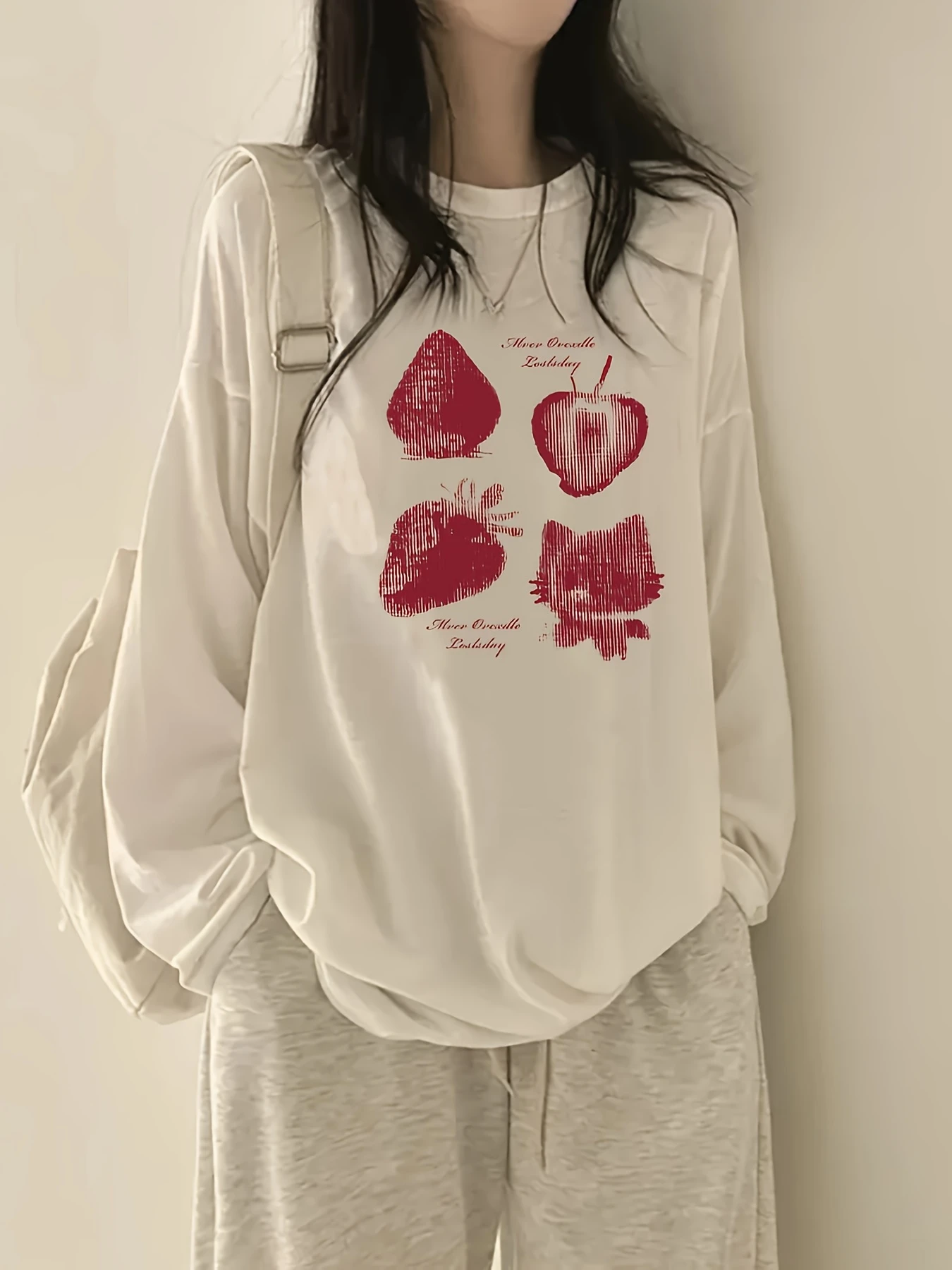 Langarm-T-Shirt mit Erdbeer-Print, lässige lange Ärmel – Polyestergewebe, perfekte Wahl für Herbst und Winter – Detail 3