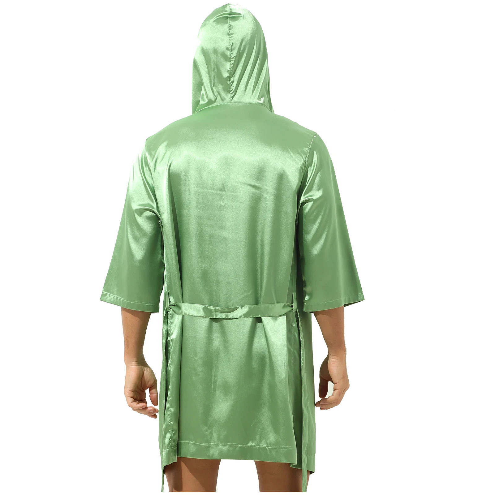 Mens Satin Hooded Night-robe Open Front Pajamas Sleepwear Half Sleeve Belted Bathrobe Kimono Robe Adult Loungewear Nightwear