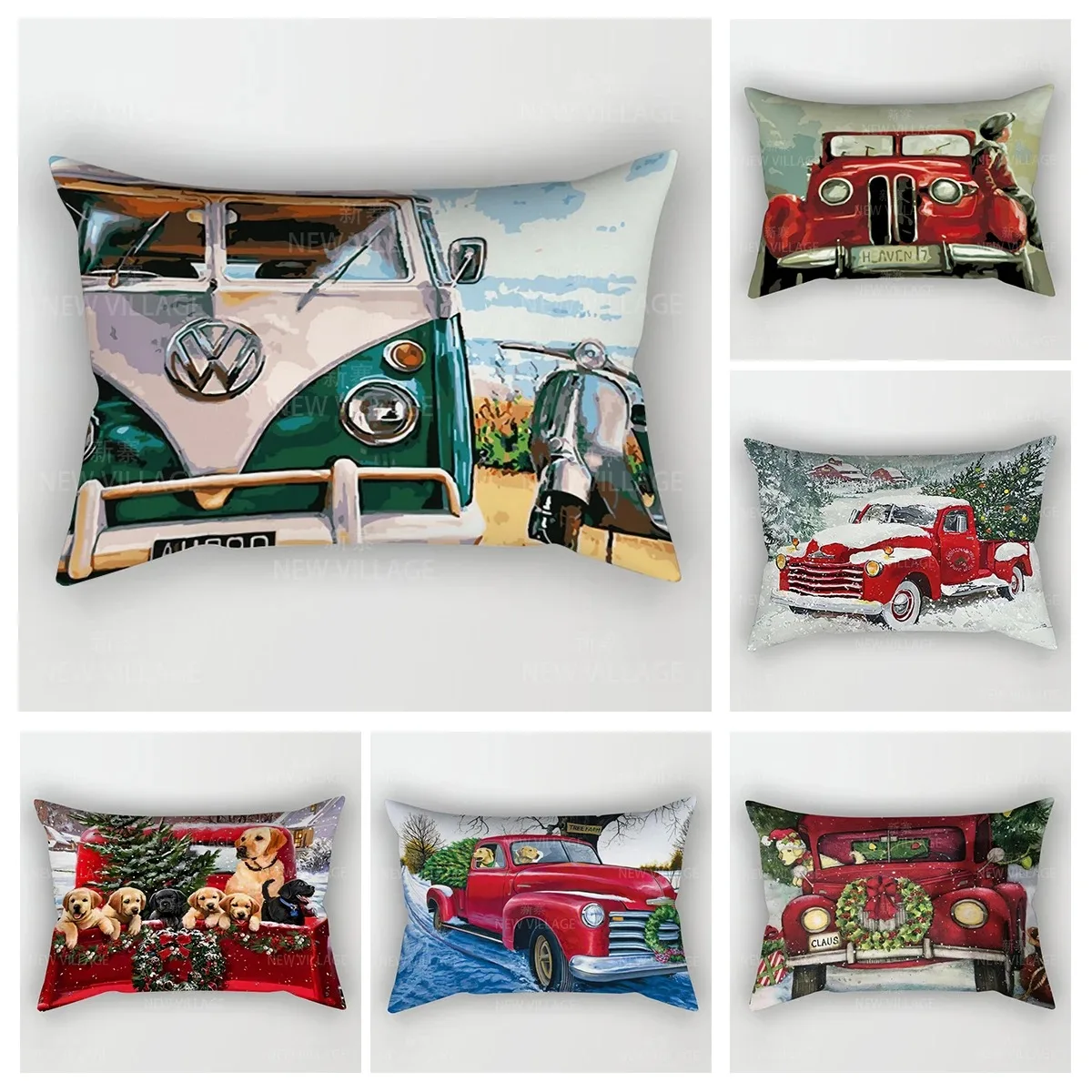 

Vintage Car Dog Rectangular Throw Pillow Case Christmas Red Truck Lumbar Cushion Cover for Sofa Couch Living Room Home Decor