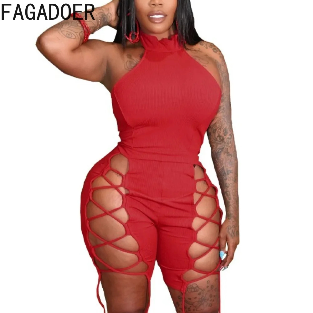 

FAGADOER Fashion Bandage Hollow Out One Pieces Rompers Women Halter Backless Slim Jumpsuits Sexy Female Solid Color Nightclub