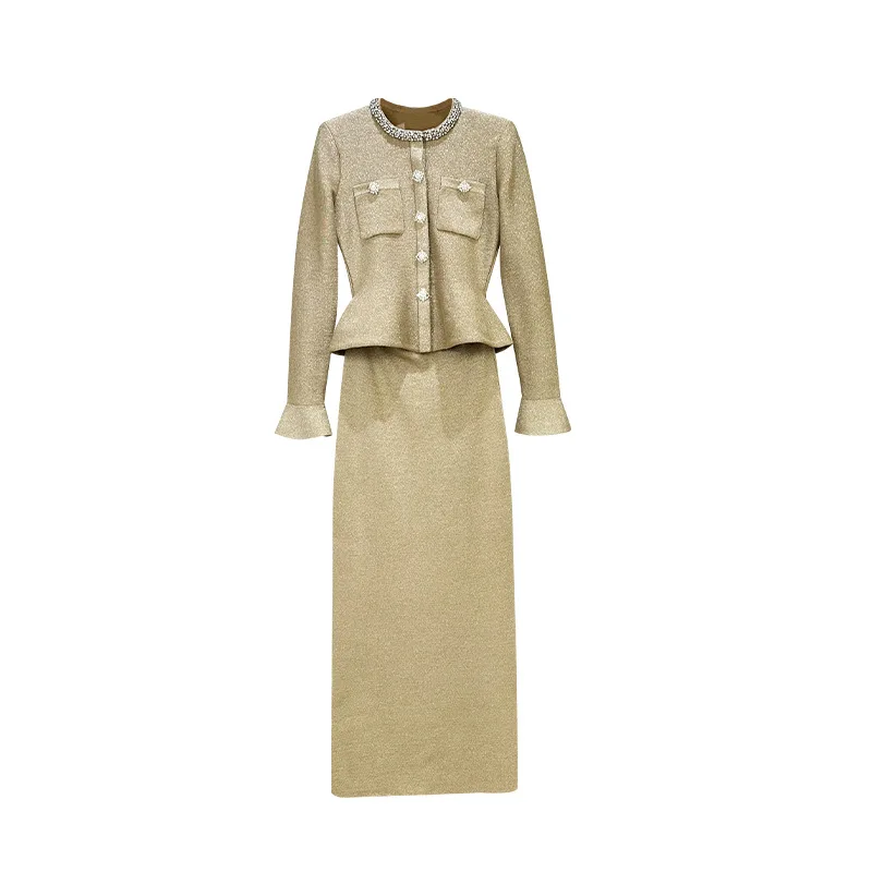 

【Gift Free】Luxury Elegant Heiress Style Gold Two-Piece Look Knit Dress with Diamond Accents for Women, Chic Office Outfit