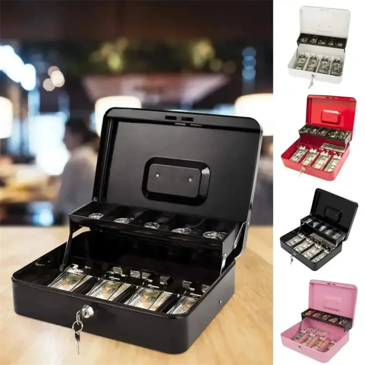 

Cash Box with Lock Metal Money Organizer Cash Storage Box with Tray 4 Bill 5 Coin Slots Portable Safe Saving Box for Home Office