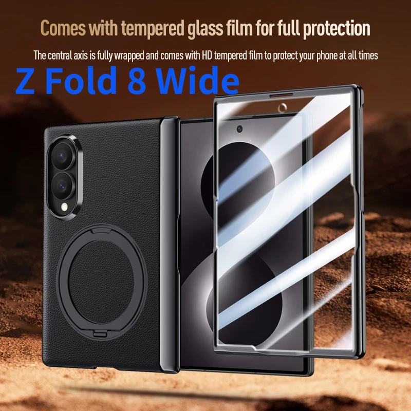 For Samsung Galaxy Z Fold 8 Wide  Case Matte Leather Hinge Rotating Bracket Magnetic Wireless Charging With Mirror Film Cover