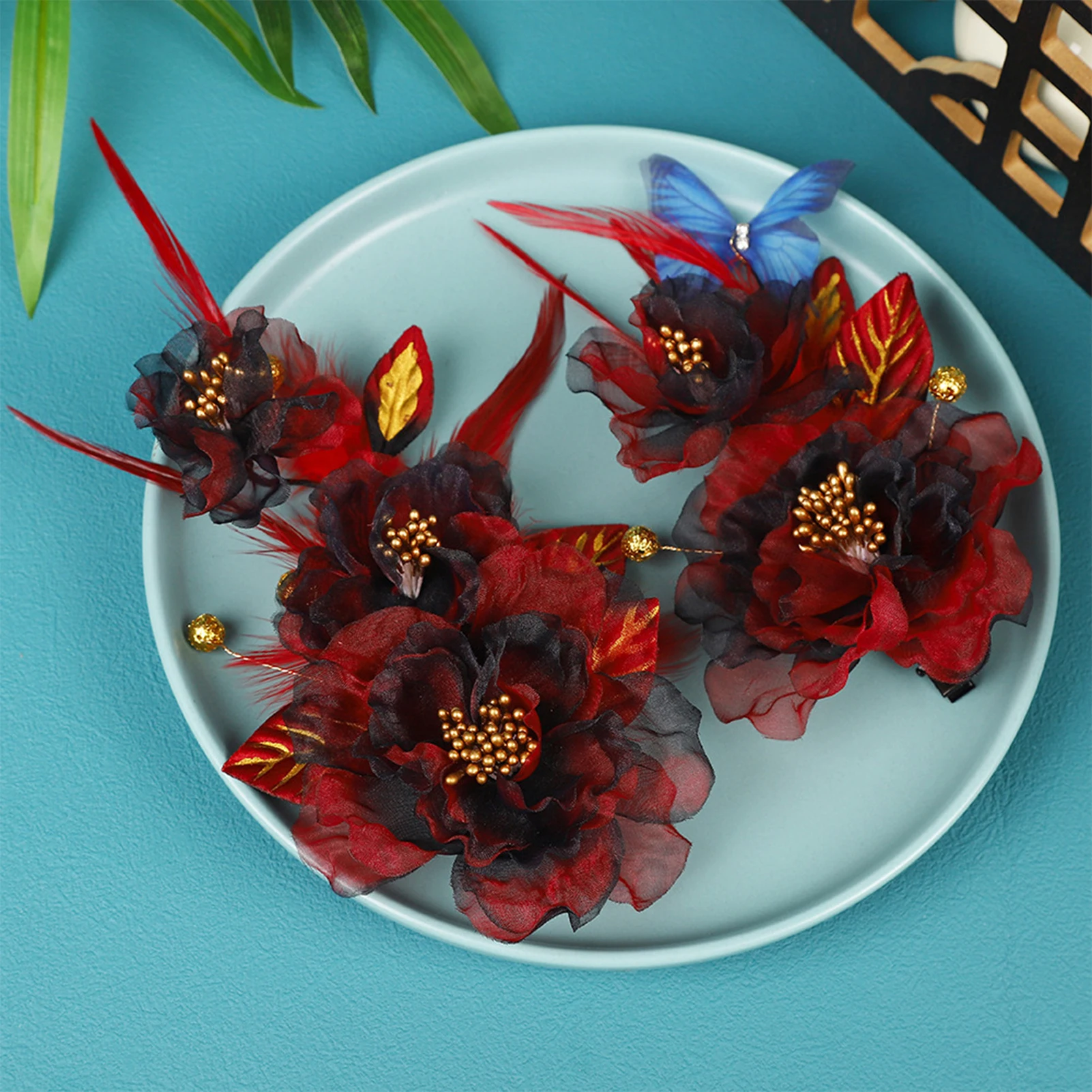 

1pair Chinese Hair Clips Gradient Silk Flower Tiaras Chinese Wedding Hair Accessories Handmade Hairpin Bridal Head Jewelry