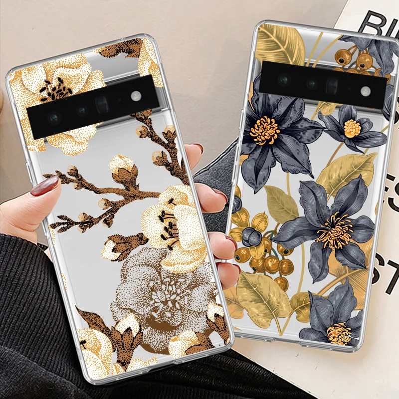 Vintage Flower Hand Painted Phone Case For Google Pixel 8A 8 Pro 6 6A 5G 7 Pro 7A Rose Floral Leaf Clear Soft TPU Cover Fundas