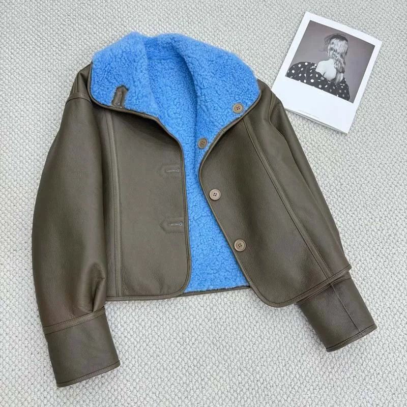 women coat spring natural real sheep fur jacket turn-down collar clothes short length thick warm Single-row buckle