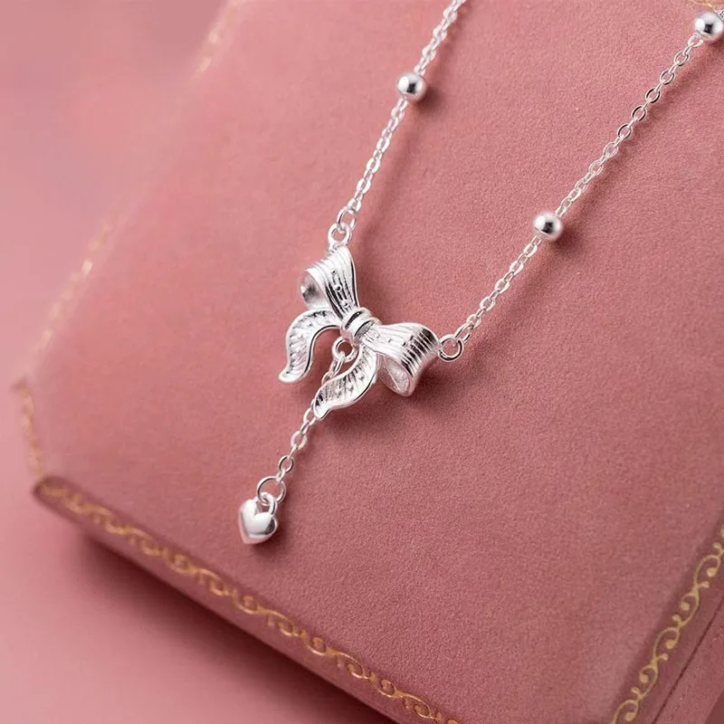 

925 sterling silver popular bow necklace for women's niche new high-end collarbone chain as a gift for girlfriend