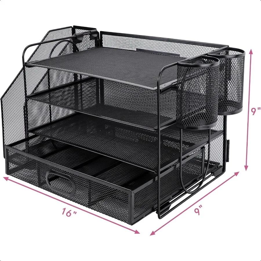 Настольные органайзеры и аксессуары с держателем для файлов. 4-уровневый органайзер для бумажных лотков для писем с выдвижным ящиком и 2 держателями для ручек. Сетчатый настольный органайзер.