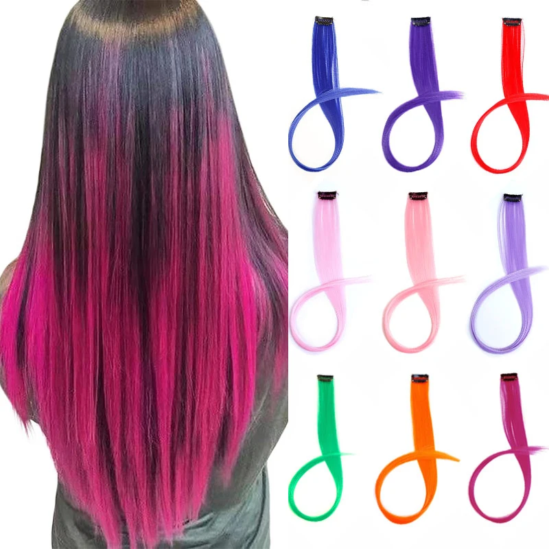 22 นิ้วสังเคราะห์ Sparkle Hair Extensions คลิป Rainbow เงาผมยาวตรงความร้อนทนอุปกรณ์เสริมผมสําหรับผู้หญิง