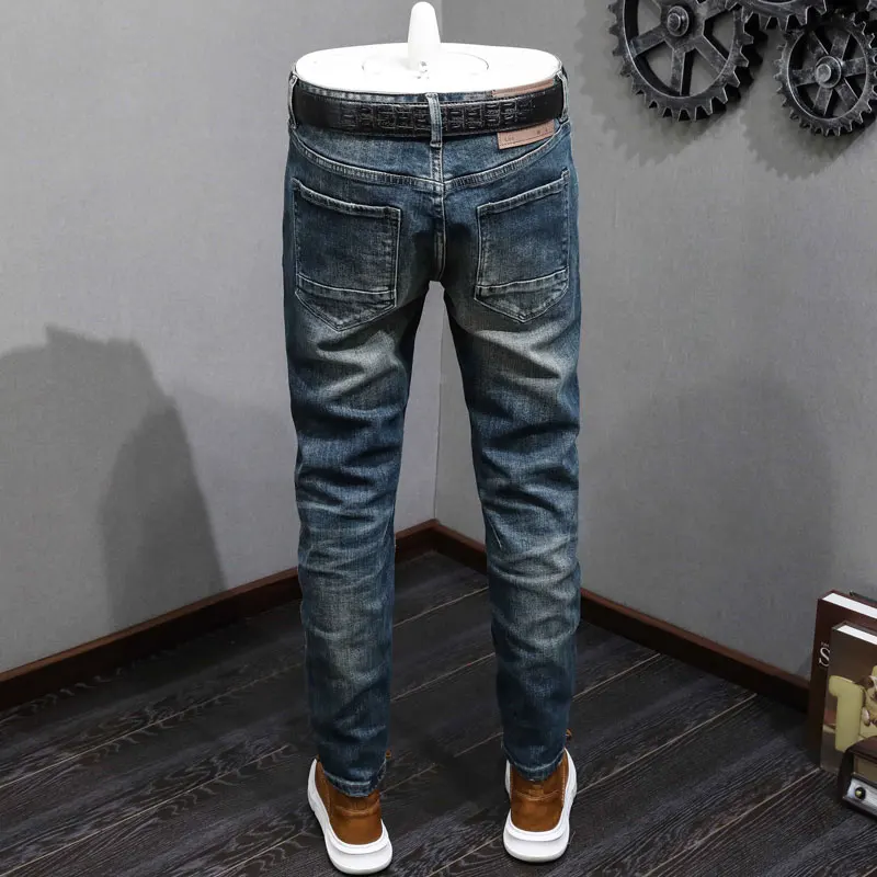 Fashion Designer Men Jeans High Quality Retro Washed Blue Stretch Slim Fit Ripped Jeans Men Spliced Vintage Denim Pants Hombre