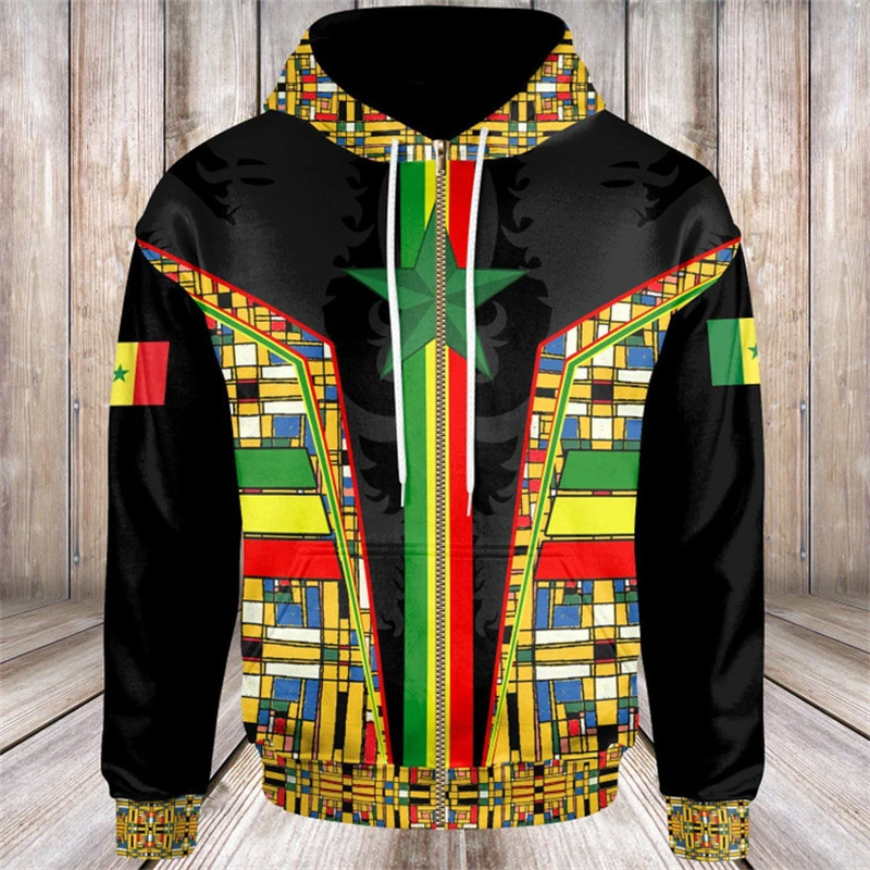 Vintage SN Senegal Flag Street Print Clothing Mens Hip Hop Personality Hooded Sweatshirts Fashion Daily Oversized Pullovers Male