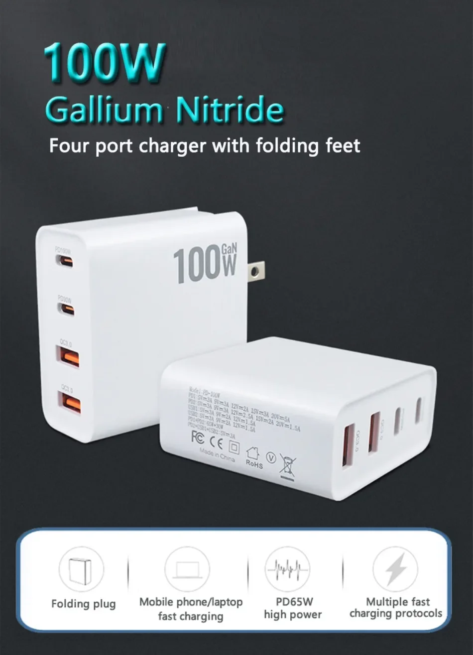 100W GaN Charger Convertible Plug Folding Pin QC3.0 USB-A Dual Type C PD Fast Charging Adapter for Notebook Mobile Phone Tablet
