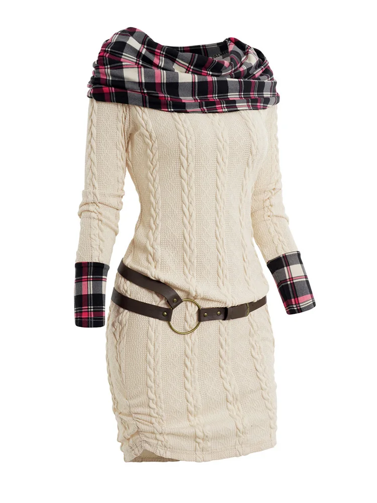 2024 Womens Knitted Dresses Plaid Panel Cable Knit Belted Sweater Dress Cowl Neck Ruched Mini Dress Long Sleeves Fall Dress