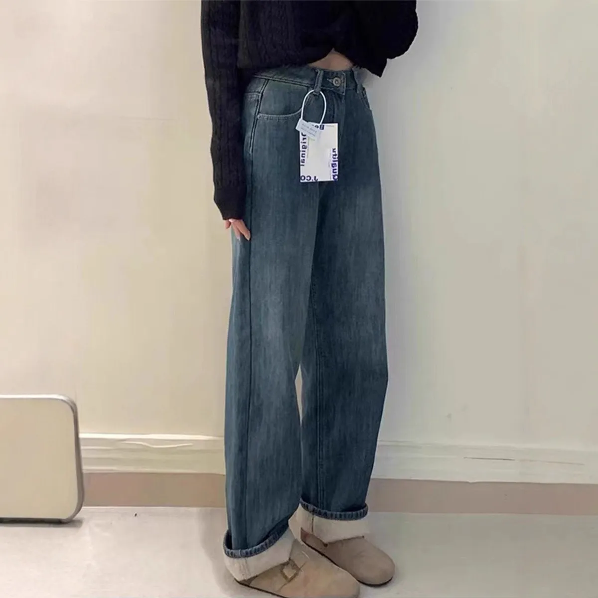 

Утепленные флисовые прямые джинсы женские с высокой талией, свободные широкие брюки в пол, осенне-зимние, для фигуры типа «груша», стройнящие