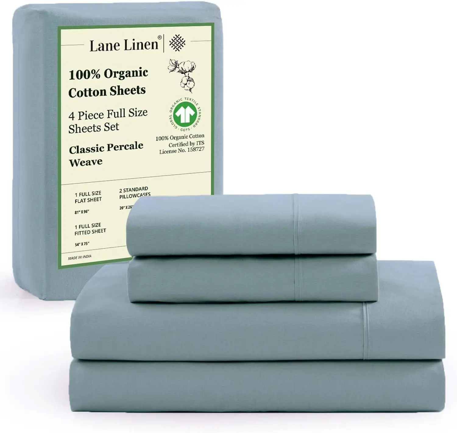 

100% Organic Cotton Full Sheets Set 4-Piece Pure Percale Soft Bedding Breathable Fits Mattr Upto 15"" Deep - French Blue