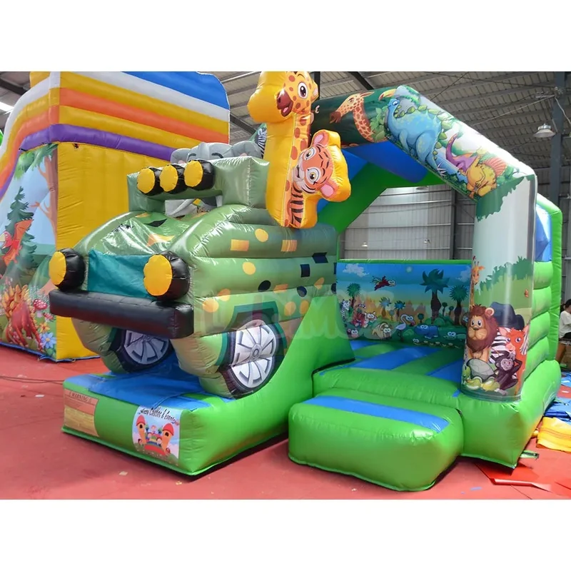 Safari Jeep Theme Inflatable Bounce House Combo Slide Jungle Zoo Animal Kids Commercial Bouncy Castle for Outdoor Party