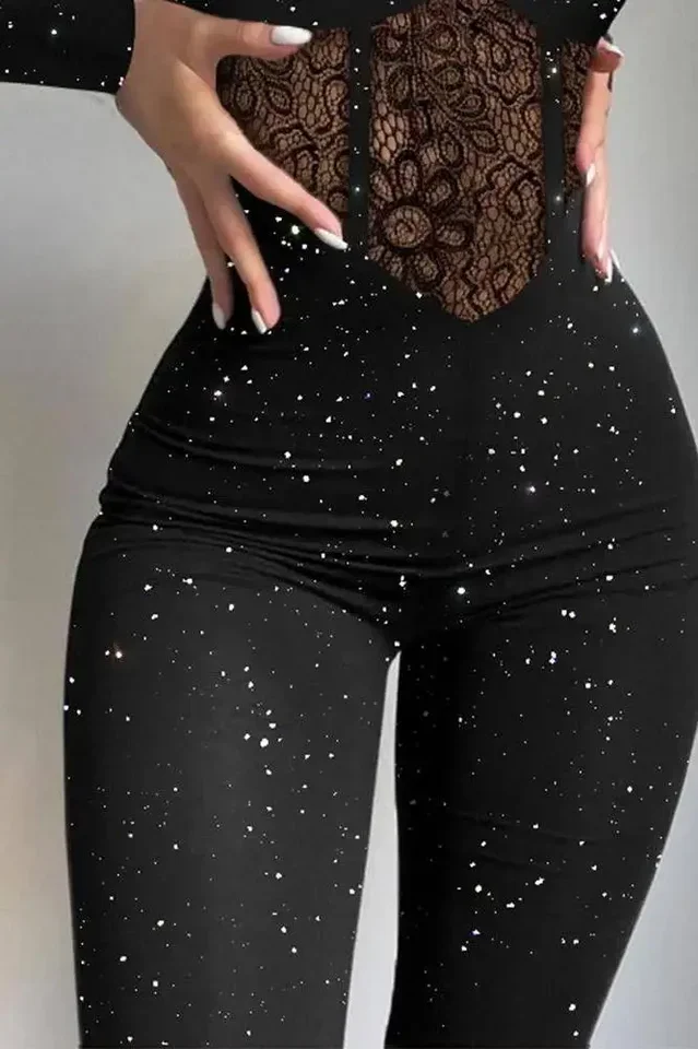 Women Lace Hollowed Fashion Jumpsuit Glitter Highlight Knitted Fabric Sleeveless Jumpsuits Pants High Waist