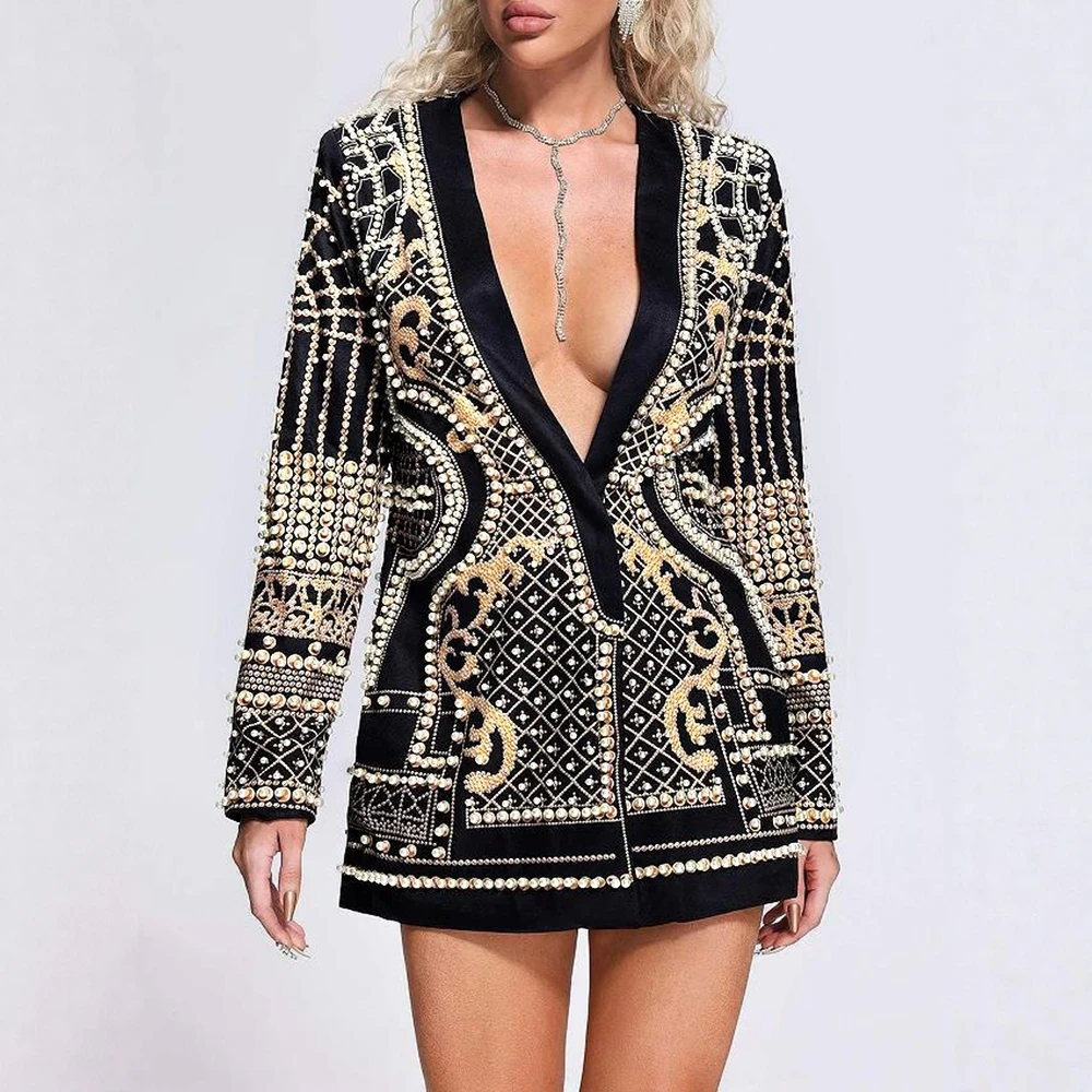 بليزرات نسائية لخريف وشتاء 2025 تصميم رائع معقد بالخرز وأكمام طويلة ورقبة على شكل حرف v عميقة من الساتان سترة طويلة الخطوط الطويلة #3