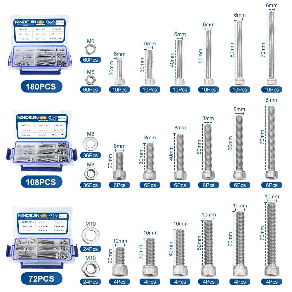 NINDEJIN-Juego de pernos y tuercas de acero inoxidable, Kit de tornillos de cabeza Allen de gran tamaño, juego de tuercas de enchufe hexagonal con arandelas, M6 M8 M10