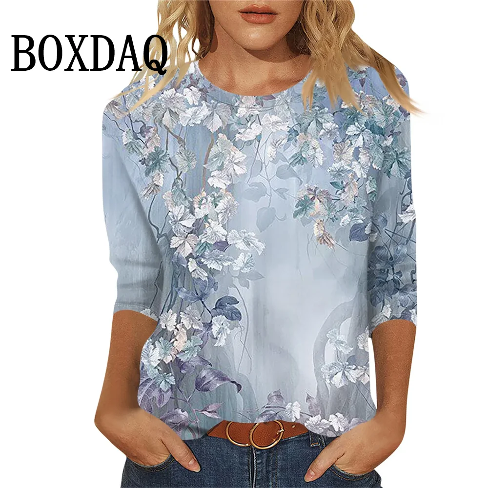 

2024, женские футболки, осень-зима, повседневные женские модные повседневные свободные топы с круглым вырезом и длинными рукавами, футболка с цветочным принтом, весенний топ