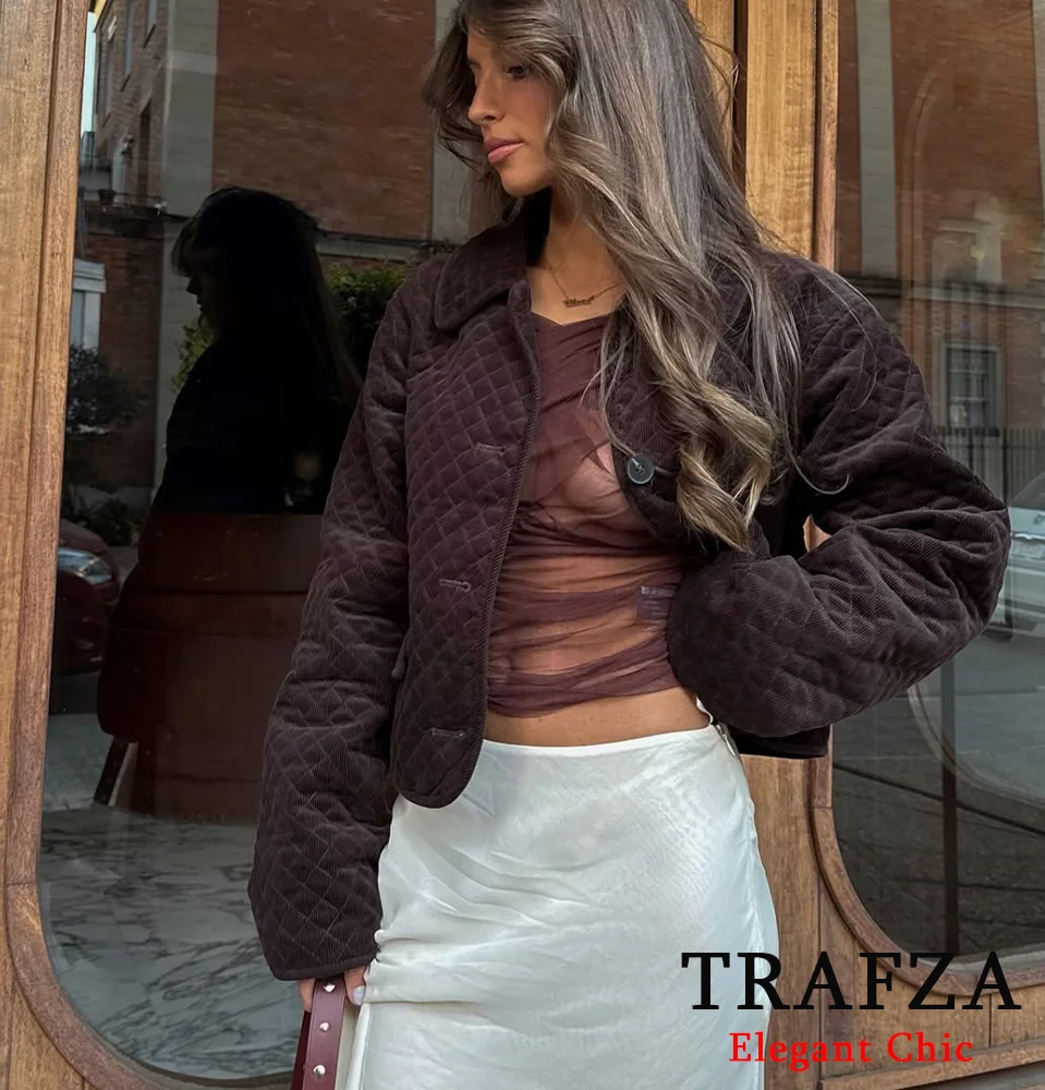 TRAFZA Vintage Corduroy Jacket Coat Women's Lapel Buttons Padding Coat New 2024 Fall Winter Fashion Simple Casual Jacket Coat