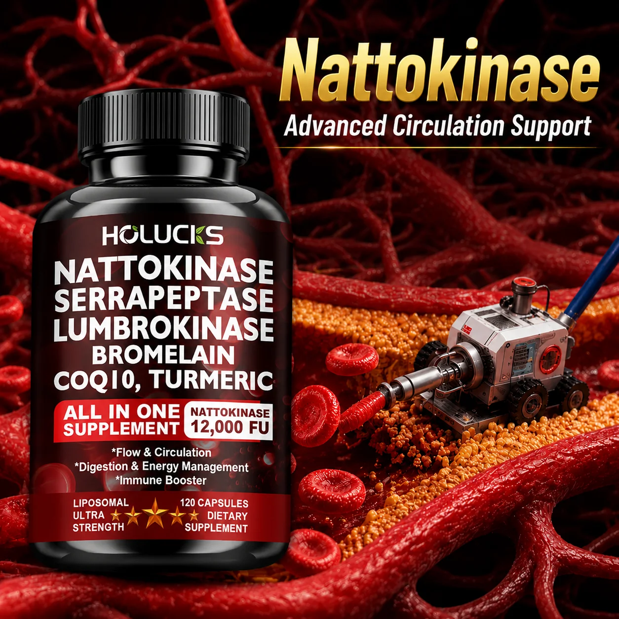 13-in-1 Nattokinase Supplement, with Serrapeptase, Support Circulation, Blood Flow, Heart & Cardiovascular Health, Digestive Aid