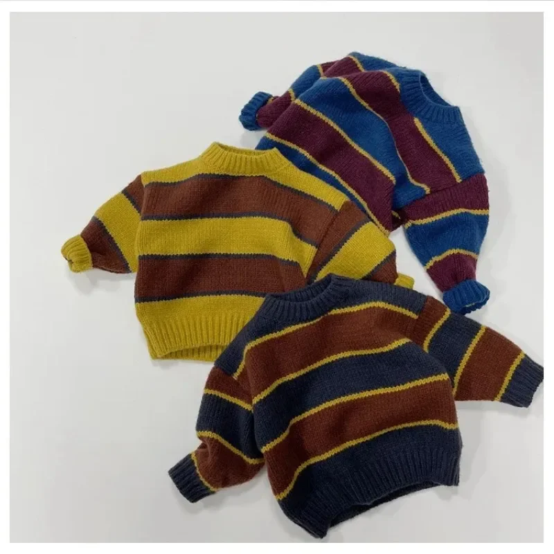 

Autumn Winter Kid's Clothing Boy Girl Children Knitted Retro Striped Sweater Baby Casual Knit Pullover Shirt Infant Fashion Tops