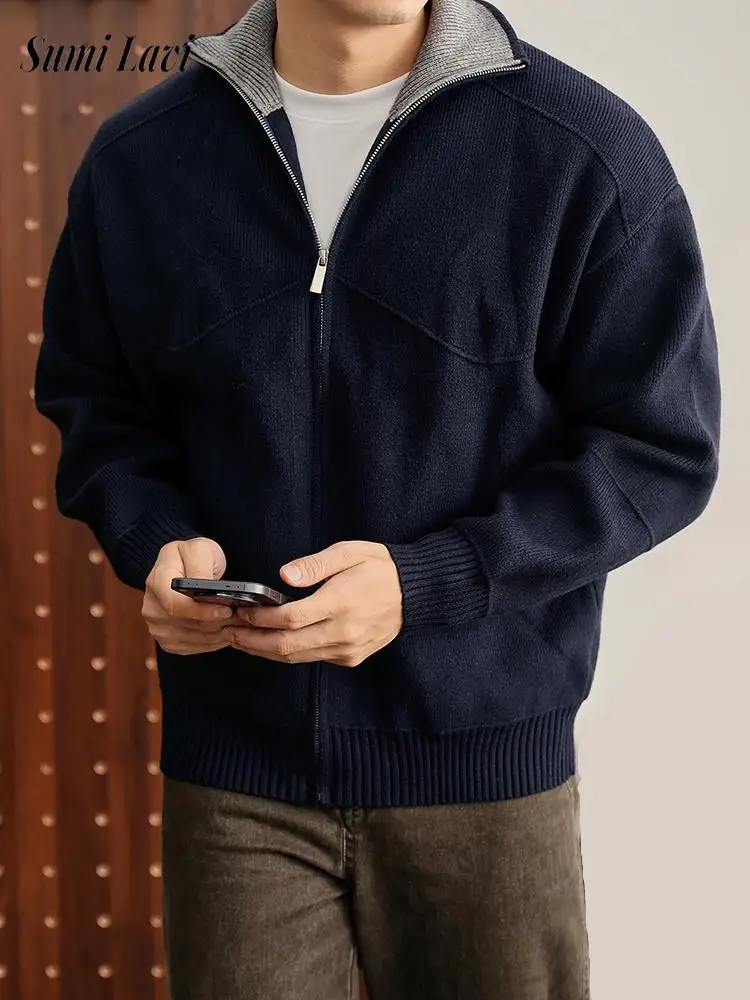 

Осень-зима 2024, повседневные мужские вязаные кардиганы, винтажные облегающие свитера на молнии с лацканами для мужчин, уличные модные свитера, куртки