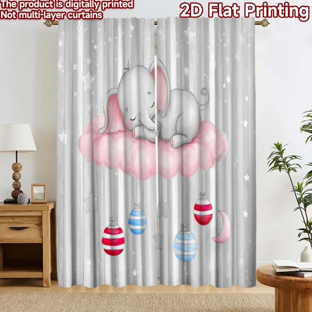 2D flat 2pcs Curtain Modern Minimalist Style Curtains Elephant on Cloud Digitally printed polyester Family Party Decoration Use