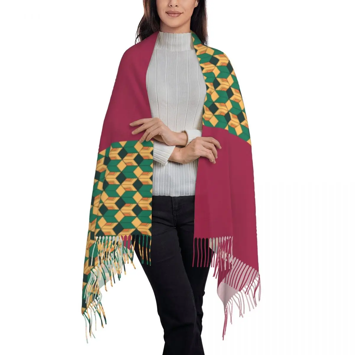 Tomioka Pattern Demon Slayer Tassel Scarf Women Soft Anime Kimestu No Yaiba Shawl Wrap Lady Winter Fall Scarves