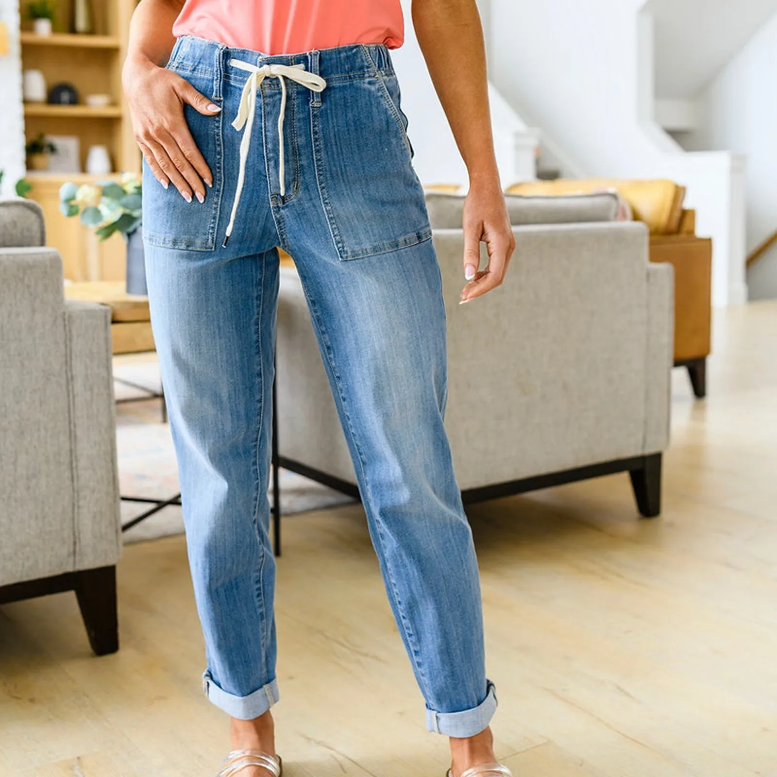 Damen Pull-On Kordel zug Jogger Casual Jeans für Frauen Casual Straight Pants