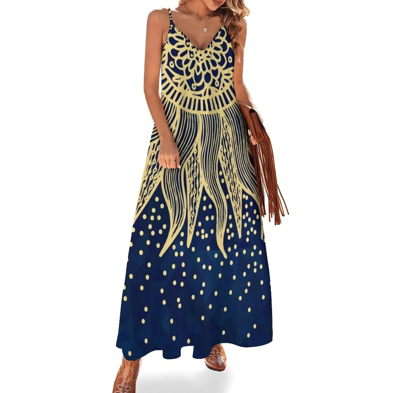 Azul ouro boho sol mandala confetes vestido sem mangas roupas vestido longo vestidos de casamento para mulher vestidos de noite de luxo 2025