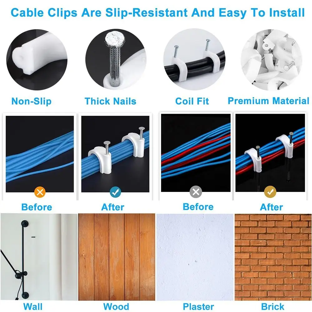 100Pcs 4-20mm Cable Clips Steel Nails Smooth Shank Wire Clips Cord Holder Plastic Metal Cable Tacks for Coax Cable Speaker Wire