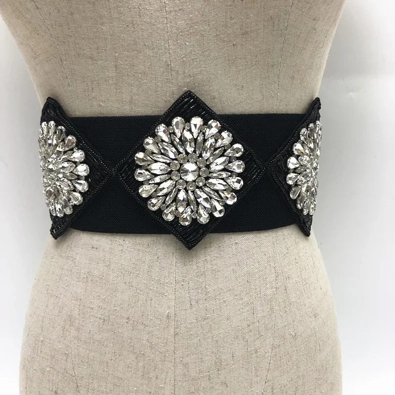 

Women's Runway Fashion Diamonds Elastic Cummerbunds Female Dress Corsets Waistband Belts Decoration Wide Belt R136