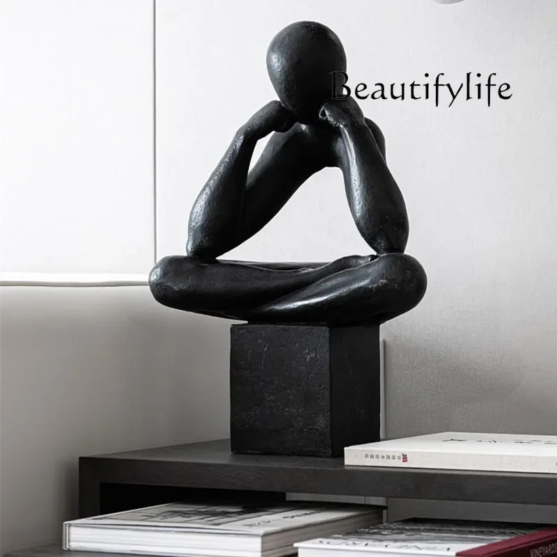 BJ Sculpture Study Living Room Entrance Creative Art Ornament Abstract Black And White Figure Meditation Thinker