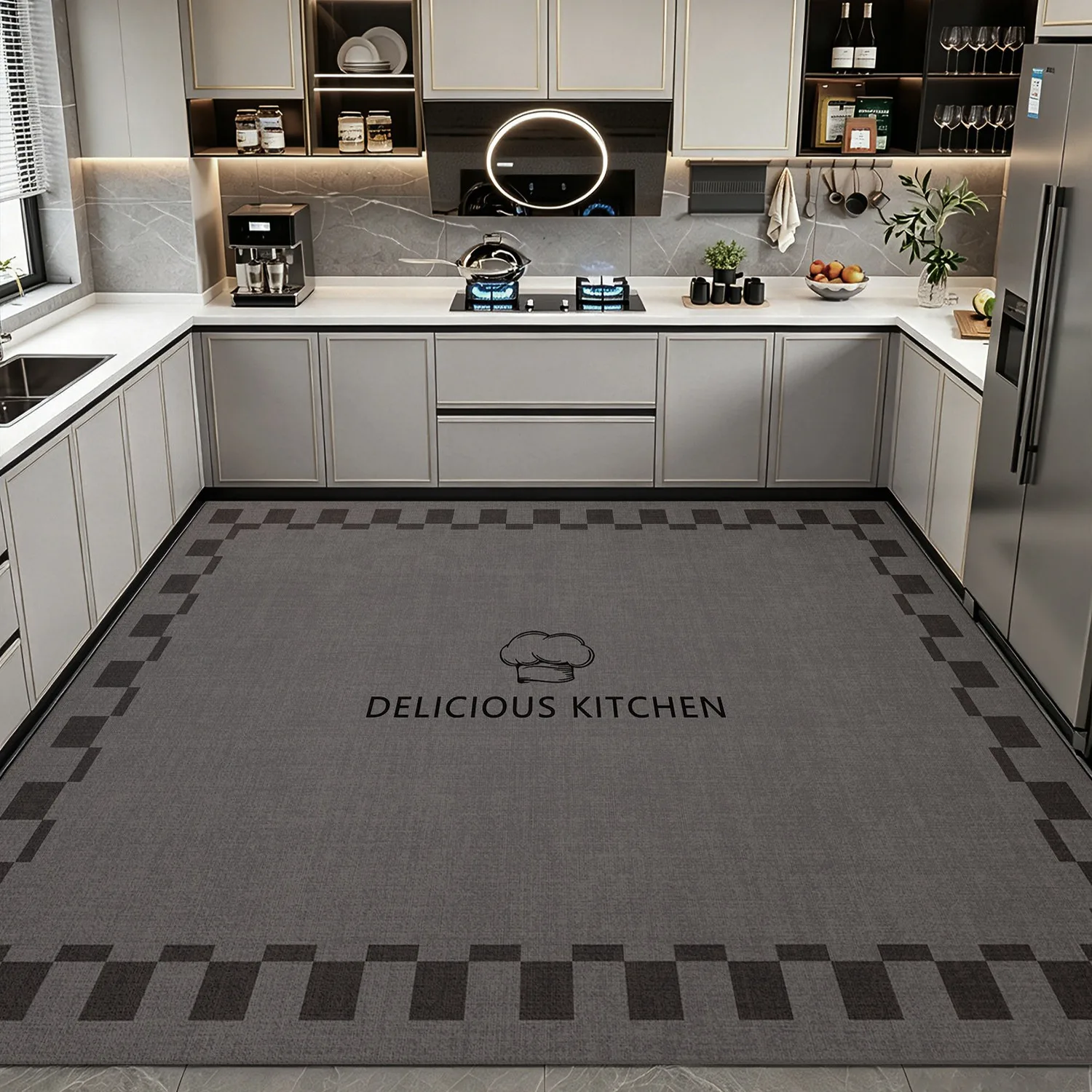 Gray Plaid Kitchen Rug PVC Leather Mat Anti-slip Rugs Oil-proof Stain-proof Impermeable Carpet Home Decoration Tapis Cuisine 러그