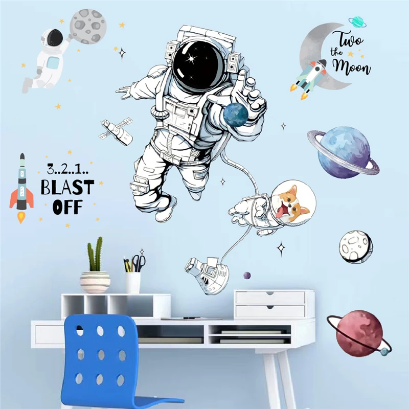 Cartoon Spaceman Dog Exploring Cosmos Wall Stickers For Kids Bedroom Home Decoration Diy Planet Star Mural Art Pvc Decals Poster