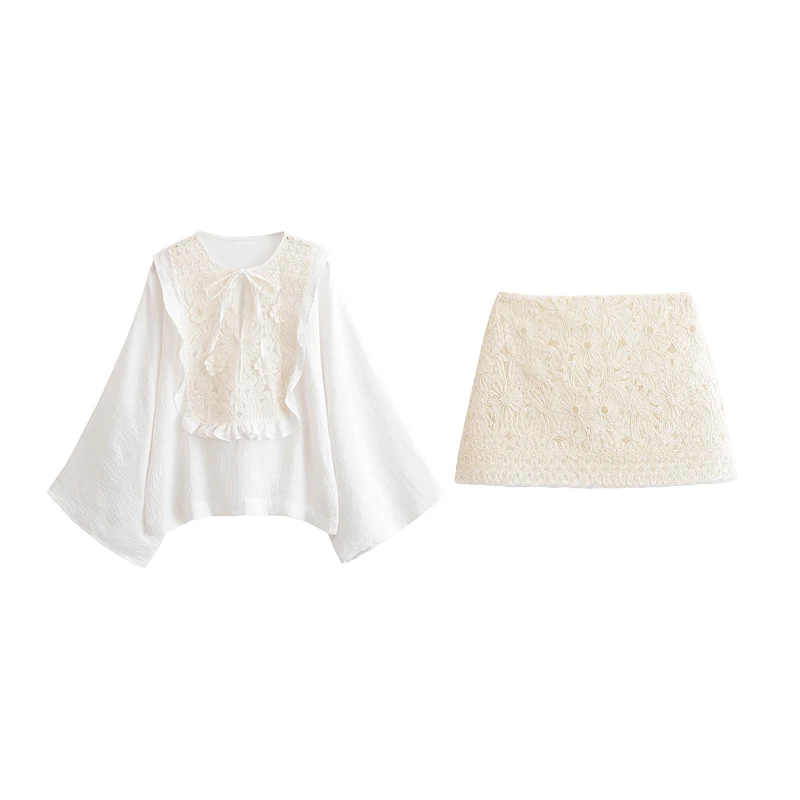 Z 2025 Sommer Neue Damen Faion Set Lösliche Spitze IRT Und Ort Rock Polyester Faser Lange Sve Runde Ne Overhead