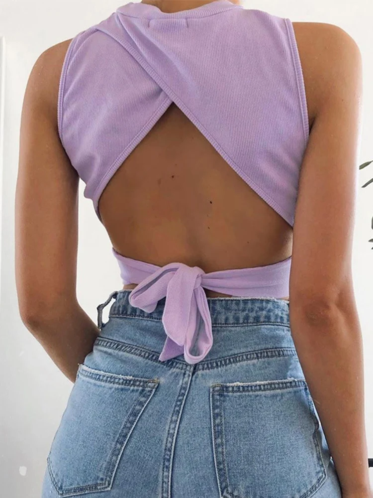 Sexy sem costas feminino regata bandagem magro colheita topo verão 2024 casual streetwear topos de algodão sólido macio criss cross topo